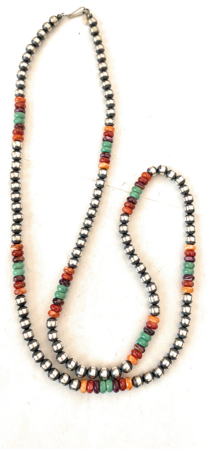 Navajo Multi Stone & Sterling Silver Pearl Beaded 30” Necklace