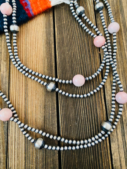 Navajo Sterling Silver Pearl, Turquoise & Queen Pink Conch Beaded Necklace 72”