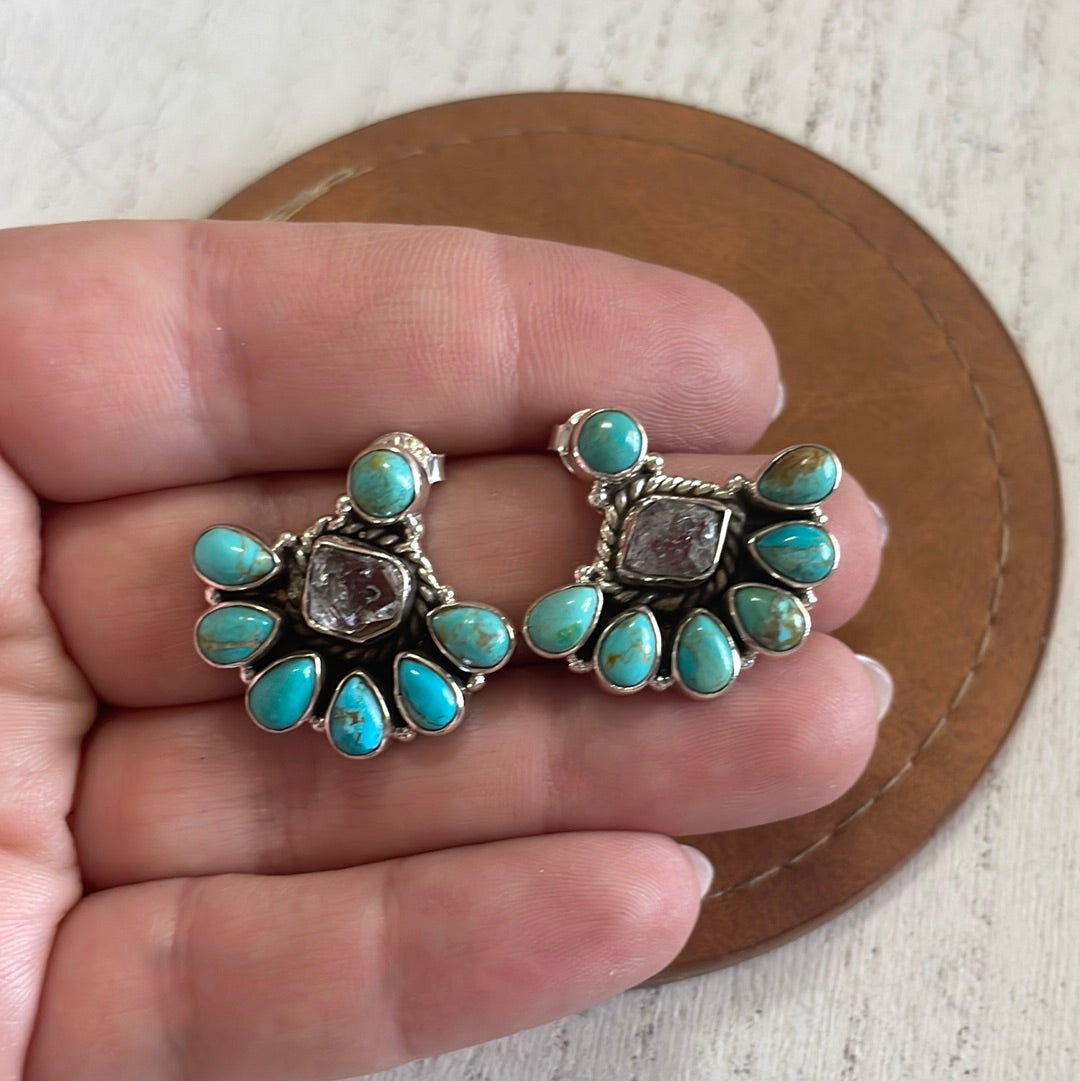 Handmade Herkimer Diamond, Turquoise & Sterling Silver Post Earrings Signed Nizhoni