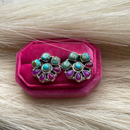 Handmade Pink Onyx, Turquoise & Sterling Silver Stud Flower Earrings Signed Nizhoni