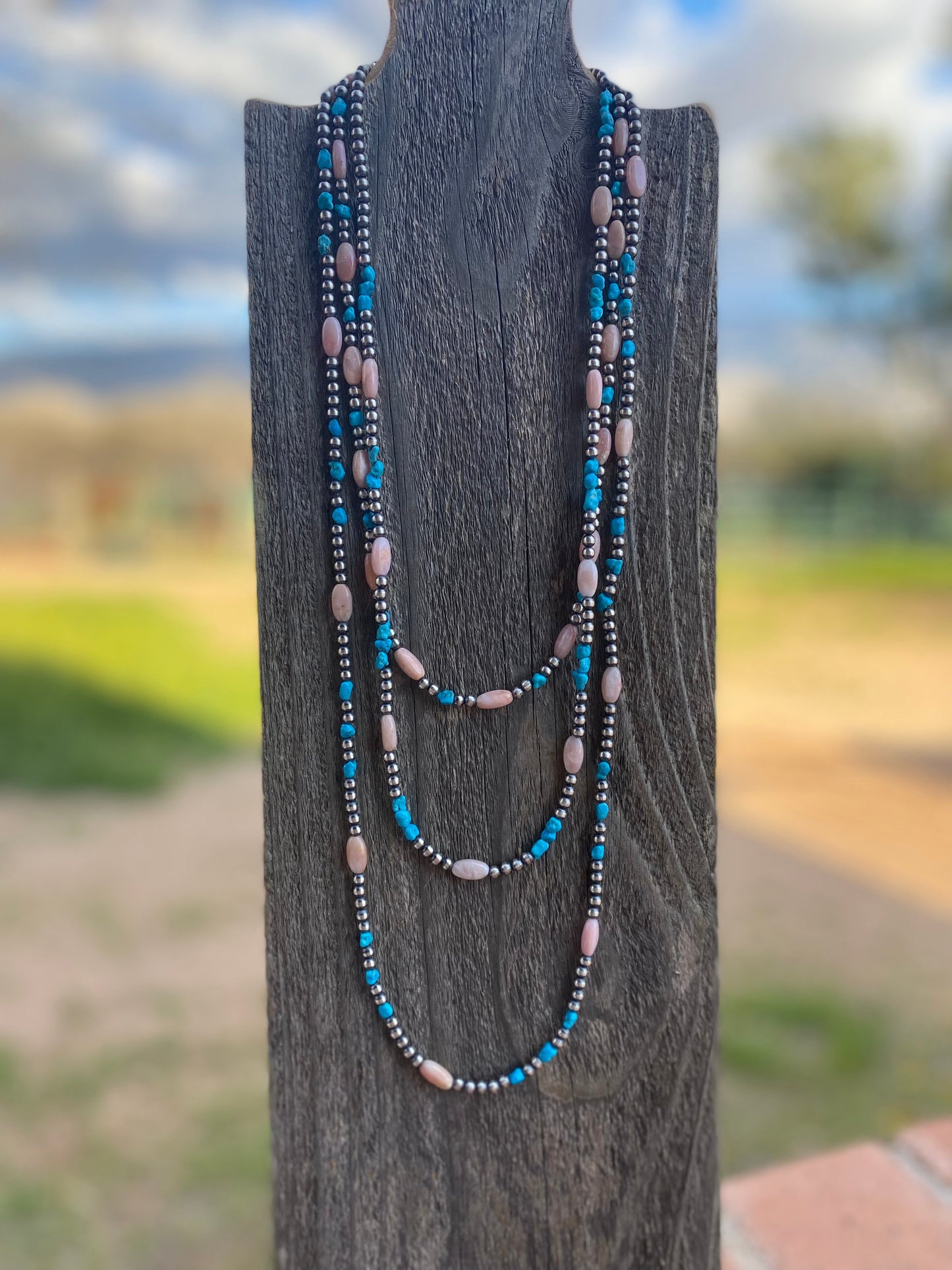 Navajo Sterling Silver Pearls with Kingman Turquoise and Pink Conch