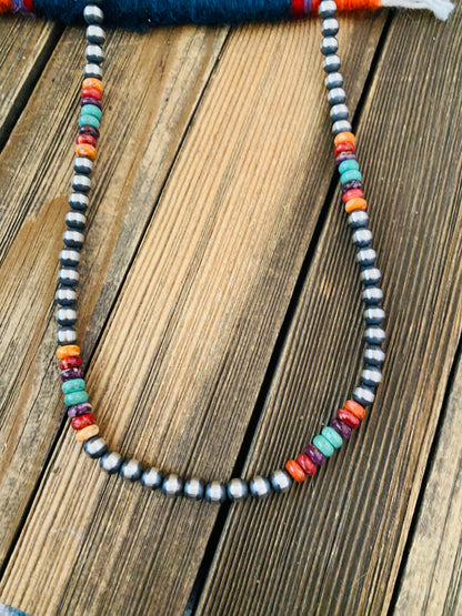 Navajo Multi Stone & Sterling Silver Pearl Beaded 30” Necklace