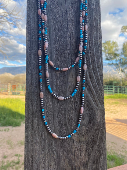 Navajo Sterling Silver Pearls with Kingman Turquoise and Pink Conch