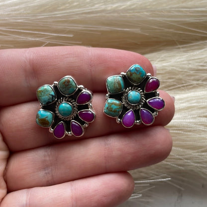 Handmade Pink Onyx, Turquoise & Sterling Silver Stud Flower Earrings Signed Nizhoni