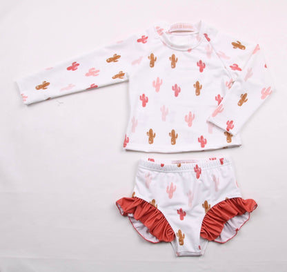 Pink Cactus Long Sleeve Side Ruffle Swimsuit