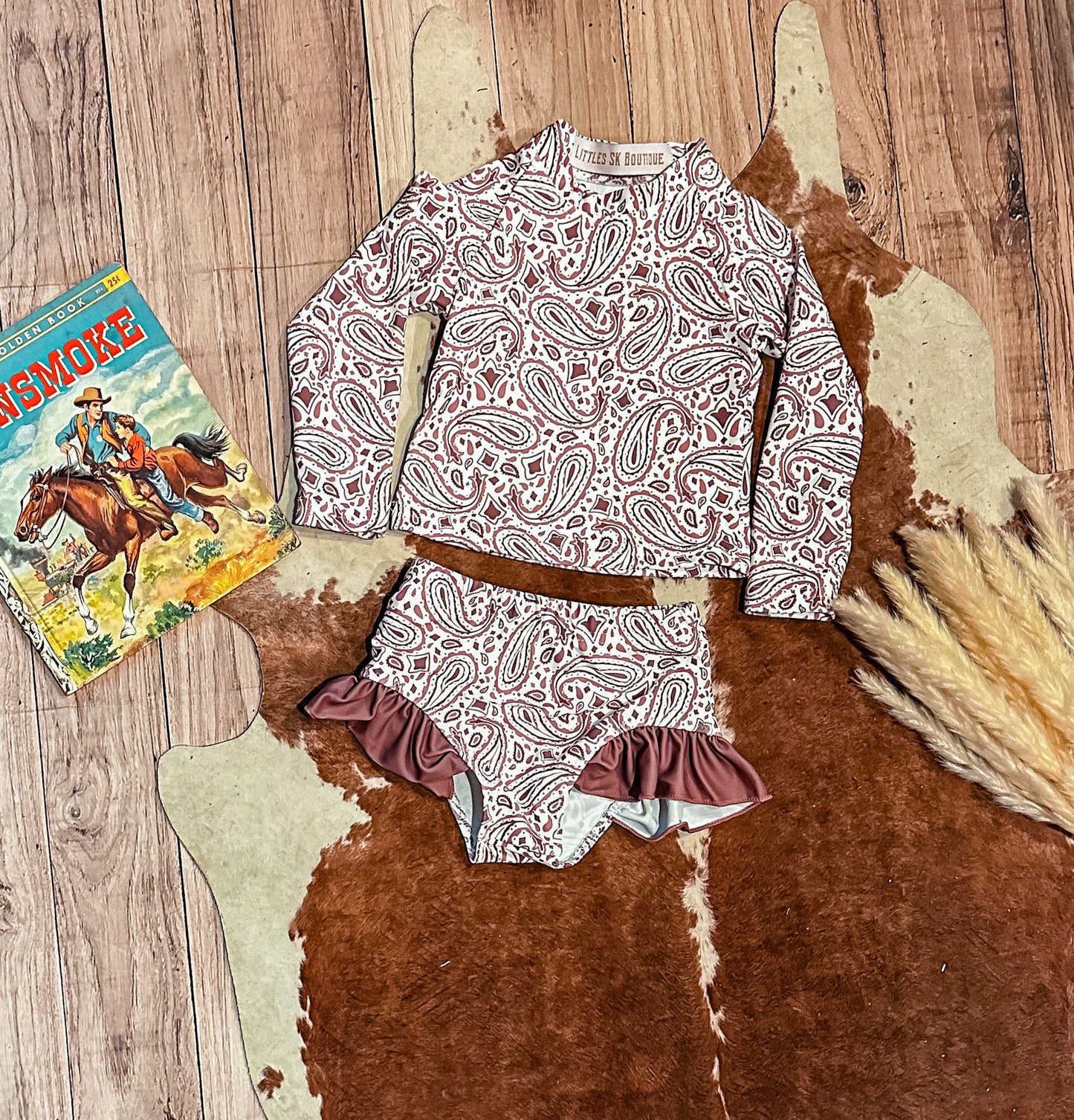 Pretty Paisley Long Sleeve Side Ruffle Swimsuit