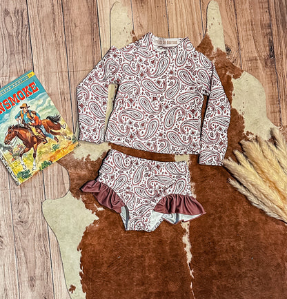 Pretty Paisley Long Sleeve Side Ruffle Swimsuit