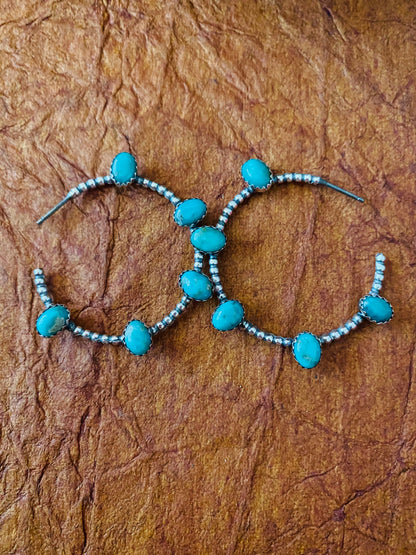 Navajo Sterling Silver & Turquoise Hoop Earrings