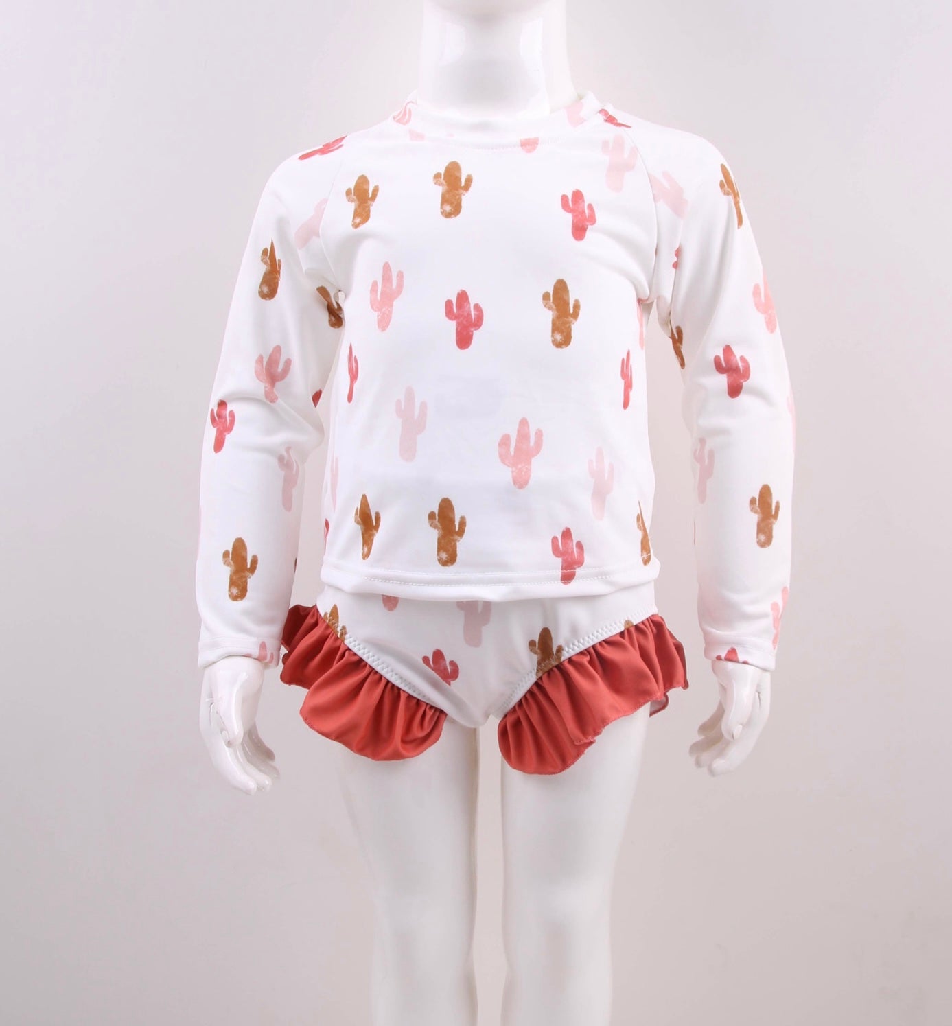 Pink Cactus Long Sleeve Side Ruffle Swimsuit