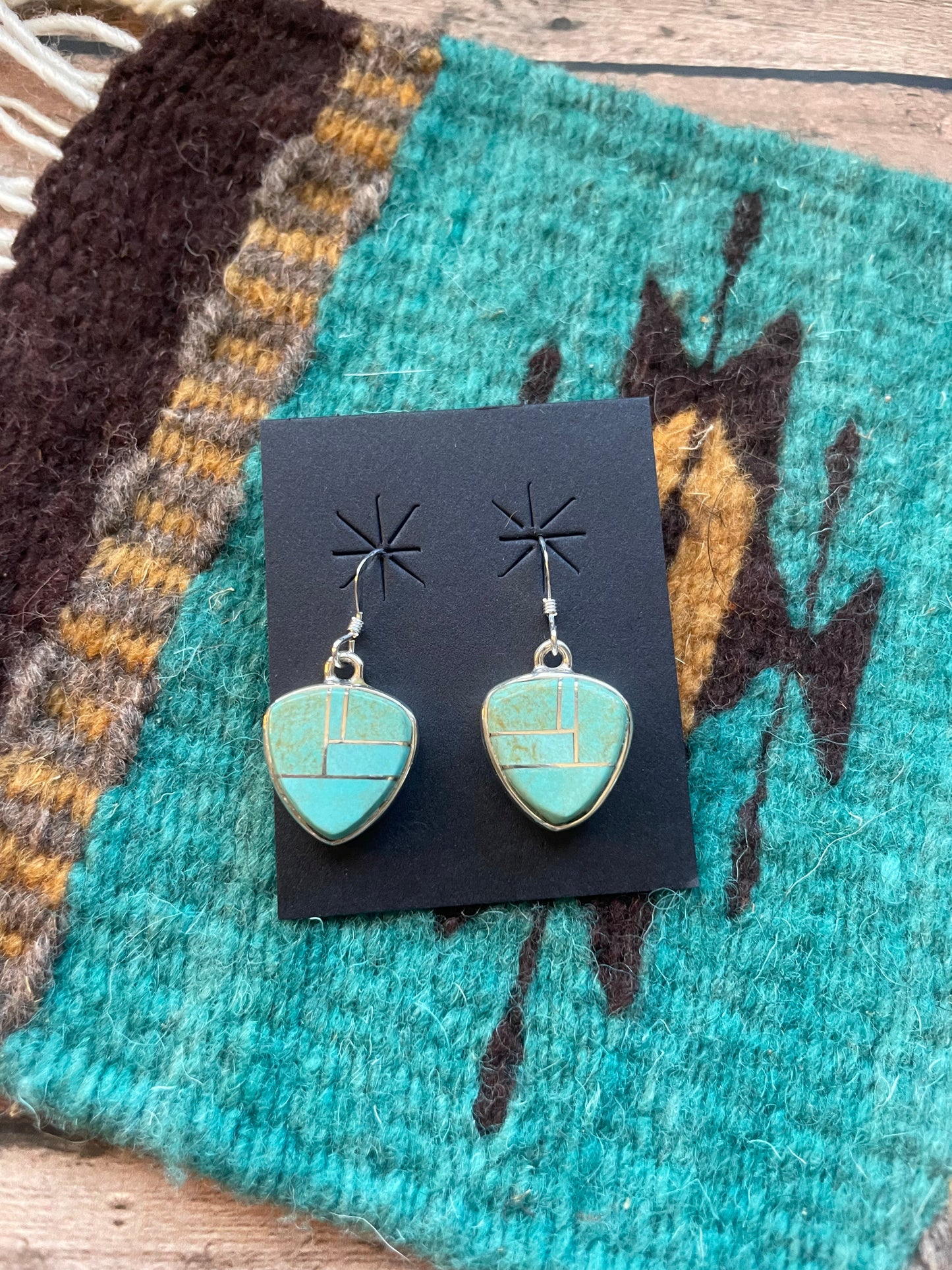 Navajo Number 8 Turquoise & Sterling Silver Inlay Dangle Earrings Signed