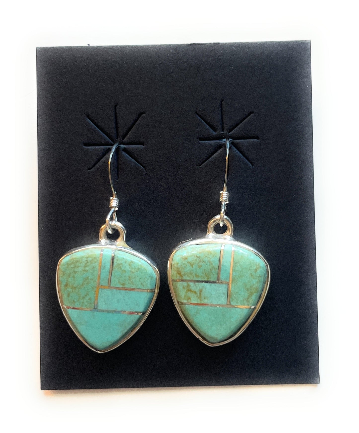 Navajo Number 8 Turquoise & Sterling Silver Inlay Dangle Earrings Signed