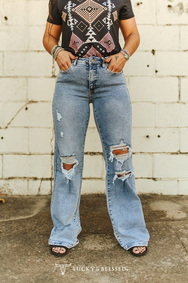 Light Stone Wash Distressed High Rise Trouser Jeans (33.5in Inseam)