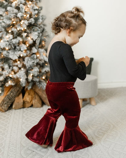 Lina Pleated Velour Bell Bottoms - Wine