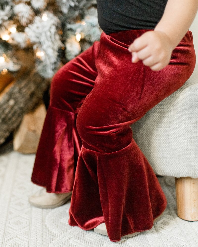 Lina Pleated Velour Bell Bottoms - Wine