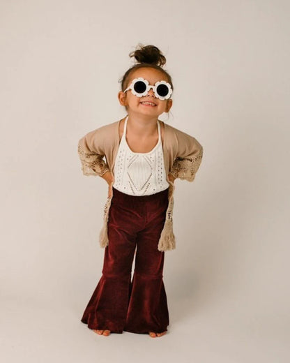 Lina Pleated Velour Bell Bottoms - Wine