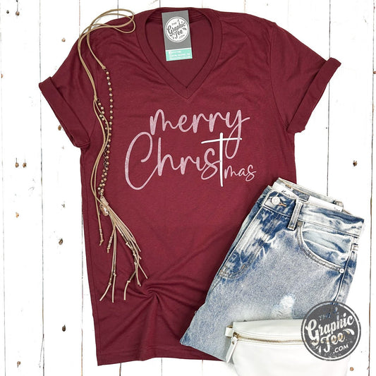 Merry ChrisTmas Heather Cardinal V Neck Short Sleeve Unisex Tee