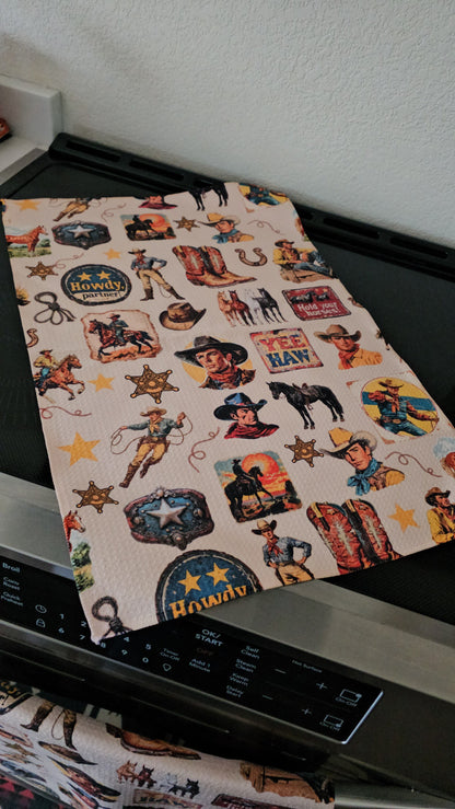 Vintage Cowboy Set of 4 Kitchen Dish Towels Made in America