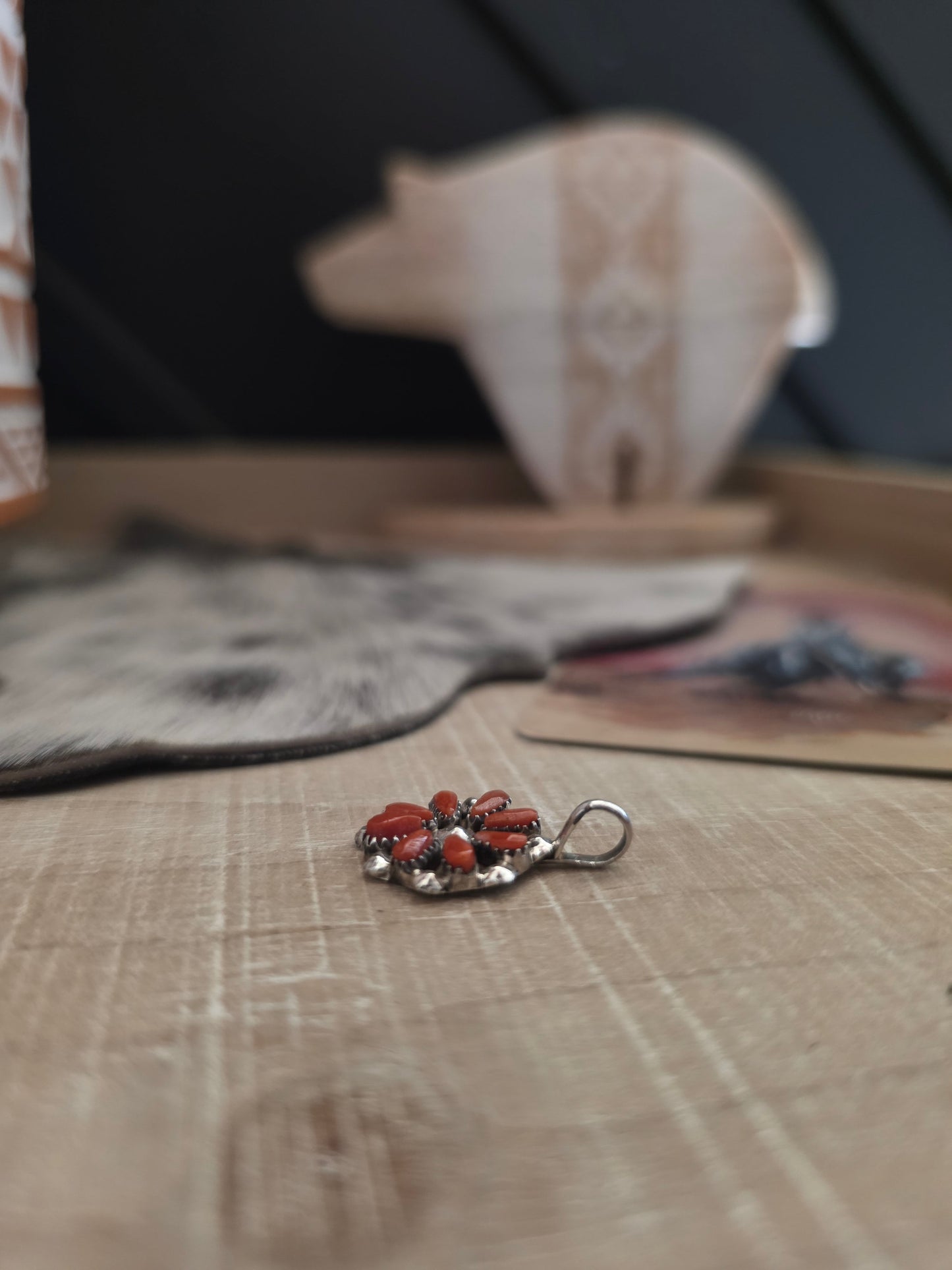 THE DAVID LEEKITY CORAL ZUNI PETIT POINT CLUSTER PENDANT