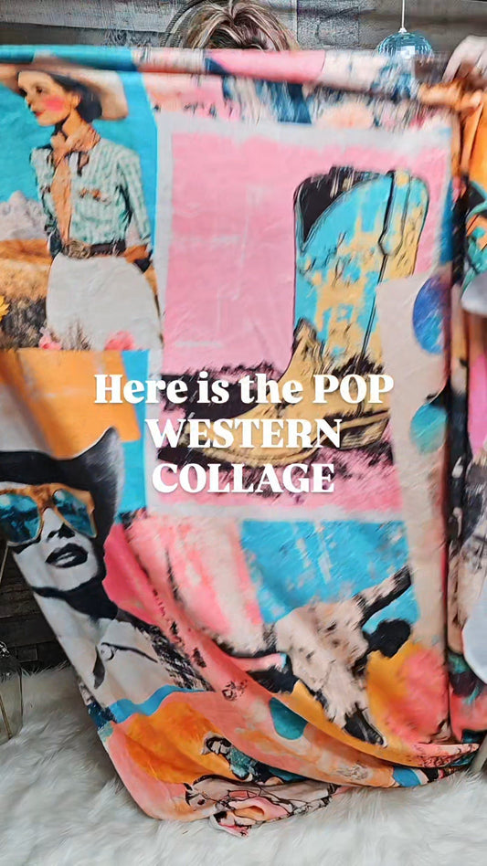 Pop Western Retro Cowgirl Collage Throw Blanket 60" x 80" Made in America
