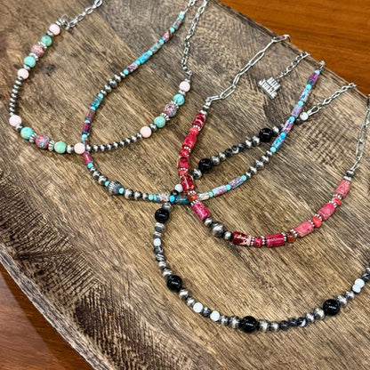 Corrugated Silver Pearl and Jasper Barrel Bead Necklace