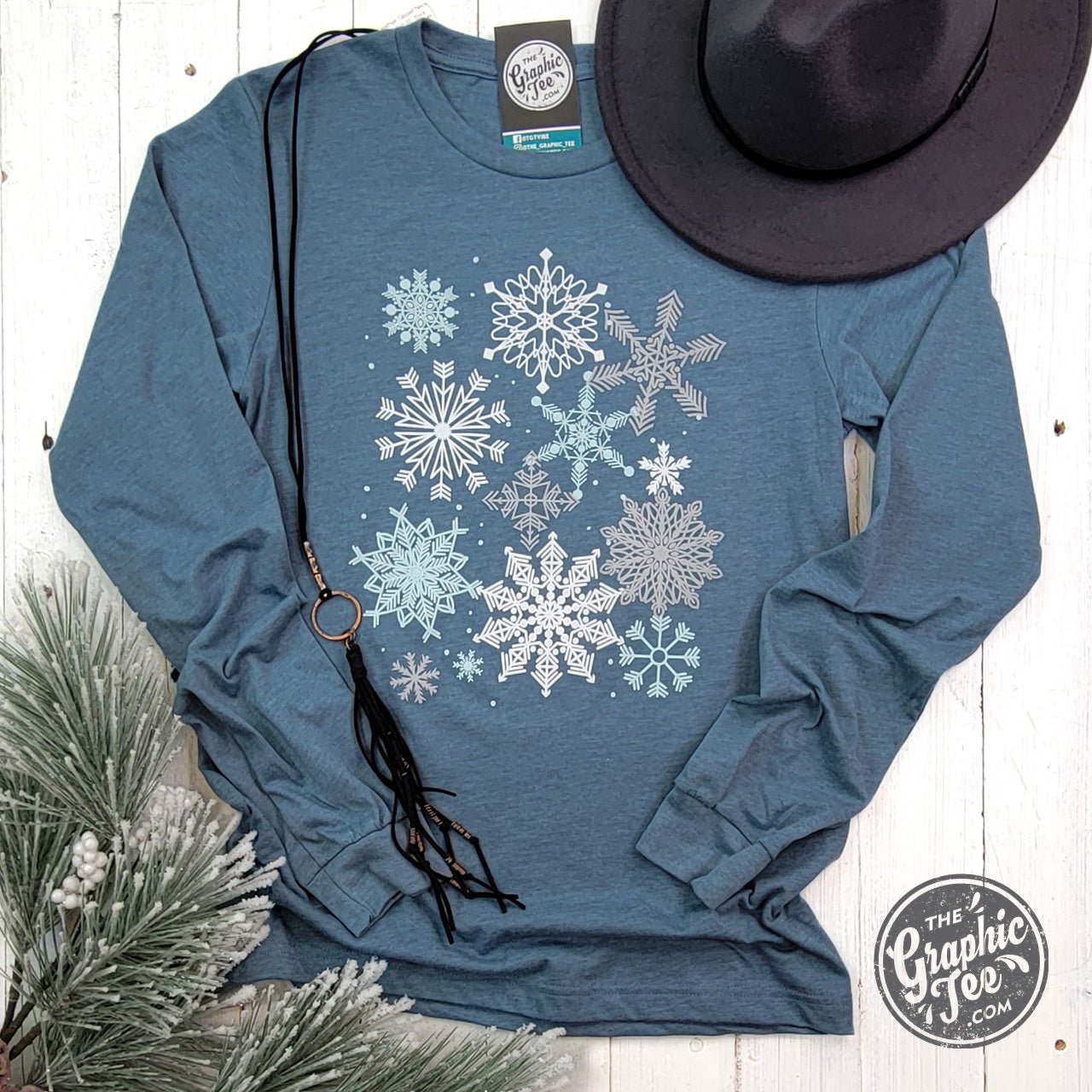 Snowflakes Heather Slate Long Sleeve Crew Neck Tee