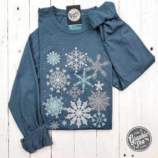 Snowflakes Heather Slate Long Sleeve Crew Neck Tee