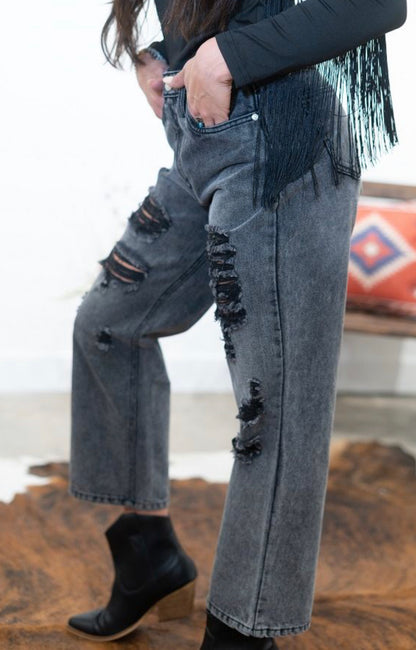 GRAY ACID WASH RIPPED DISTRESSED ANKLE FLARE JEANS